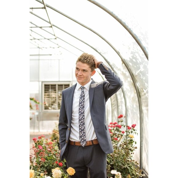 Men's Skinny Tie Floral Print Cotton Necktie Great for Weddings Blueberry Bliss - Picture 3 of 6